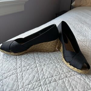 Ralph Lauren Black Espadrille Wedge Peep-Toe